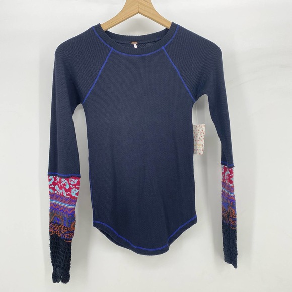 Free People In The Mix Cuff Tee Black Combo X-Small Thermal - Picture 2 of 9